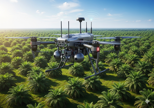 Gambar-1.-Sebuah-drone-yang-dilengkapi-dengan-sensor-AI-terbang-di-atas-perkebunan-kelapa-sawit-yang-luas